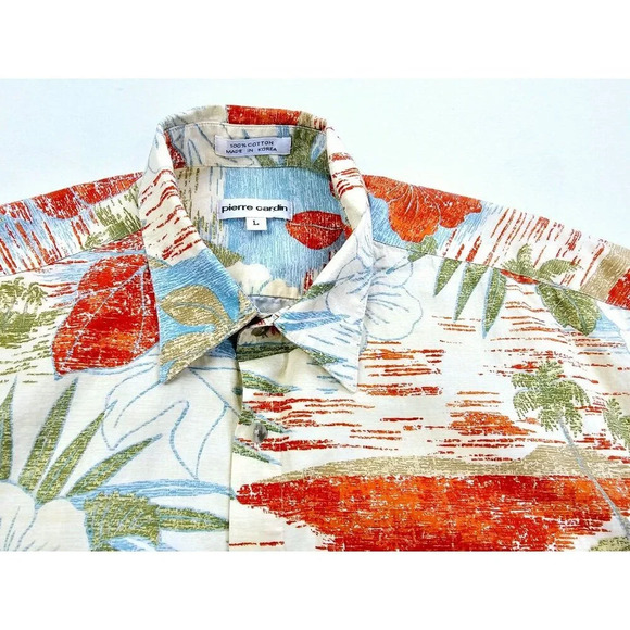 Pierre Cardin Size Large Men's Vanilla Floral Hawaiian Short Sleeve Cotton Shirt - Picture 10 of 10